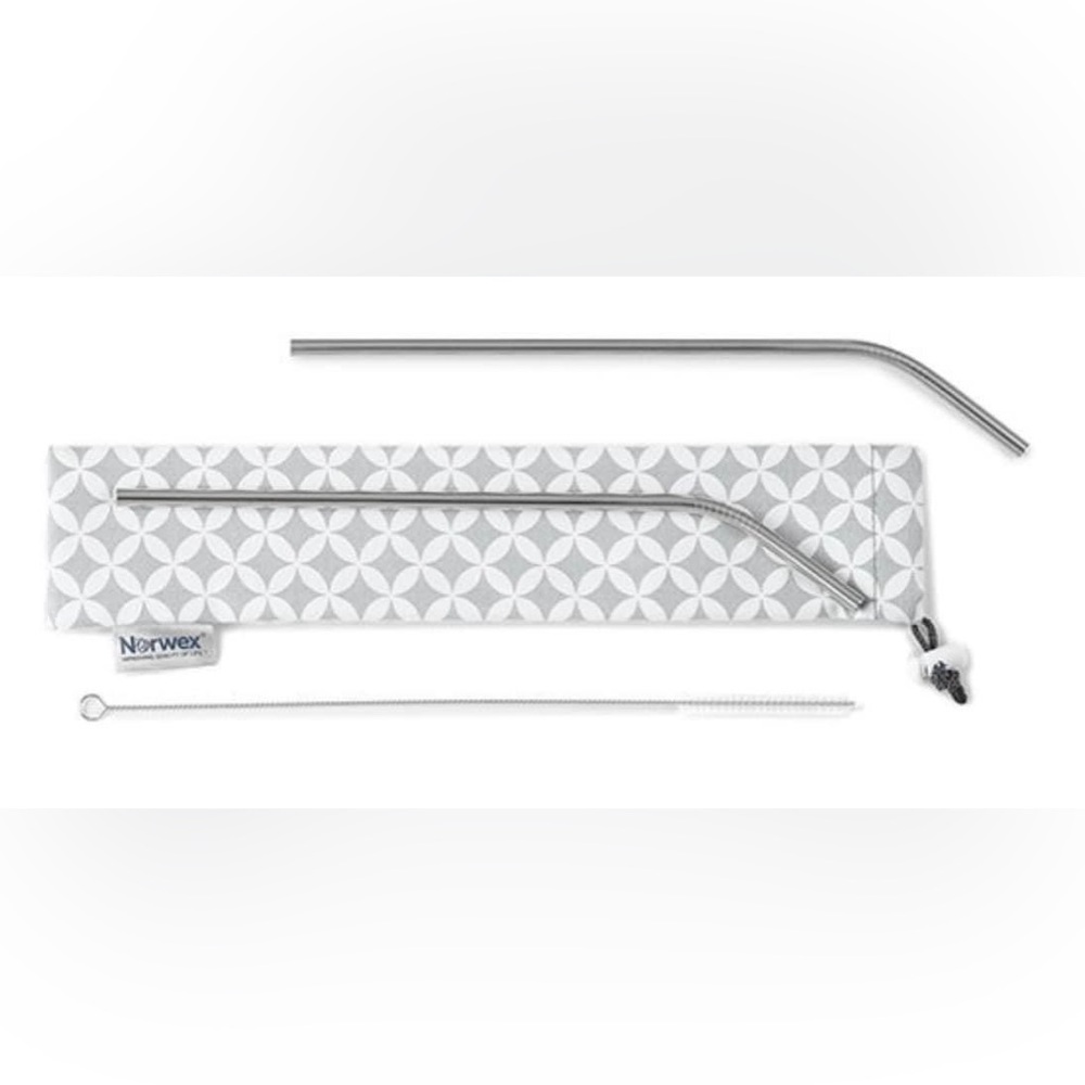Norwex Set of 2 Long Stainless Steel Straws, Straw Cleaner, and Carrying Case